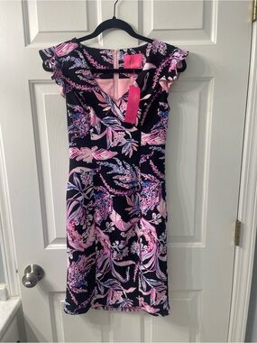 Lilly Pulitzer Black Midi Dress with Pink & Lavender Floral